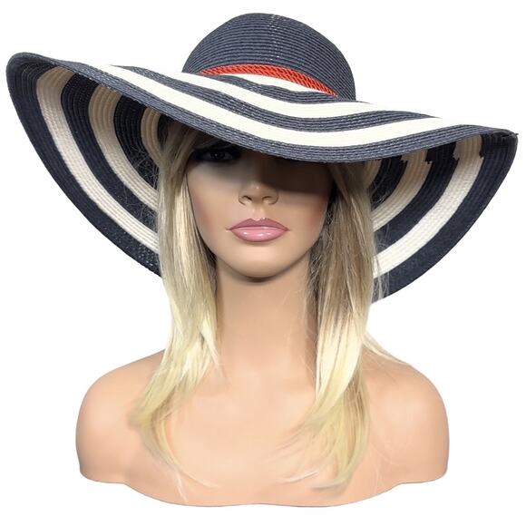 Striped Black and White Sun Hat with Red Accent - Picture 5 of 14